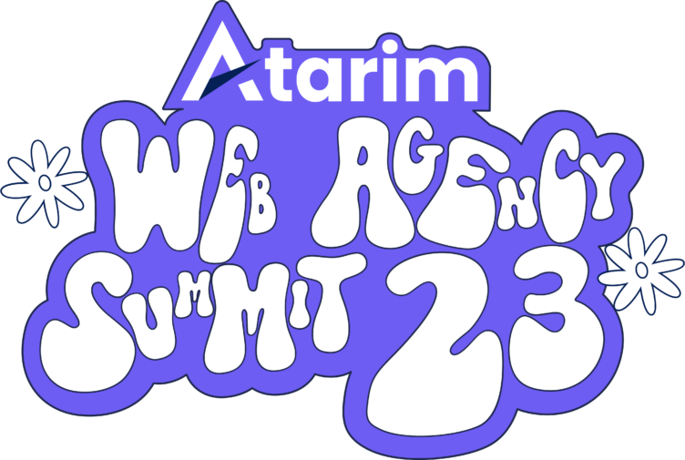 Atarim summit logo, text with daisies: Atarim Web Agency Summit 23