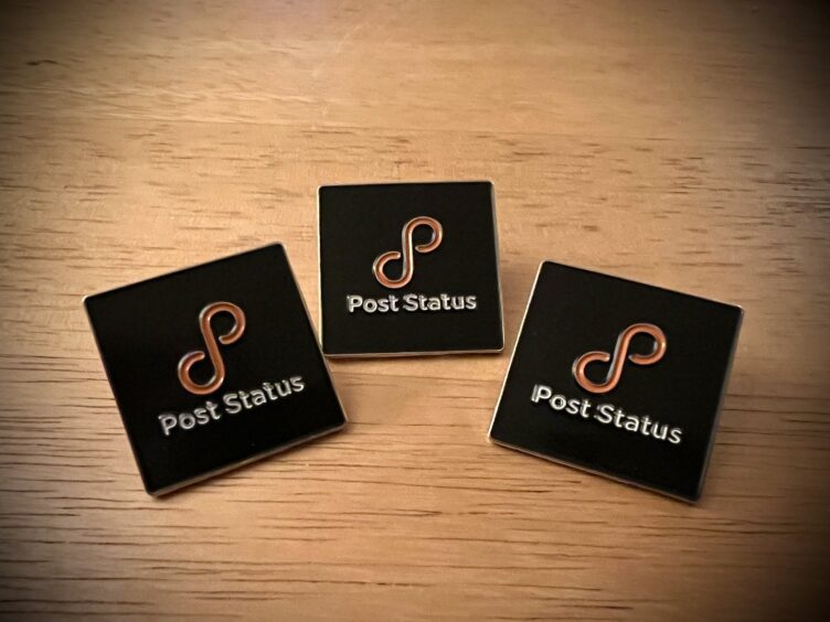 Three square pins with the Post Status name and logo.