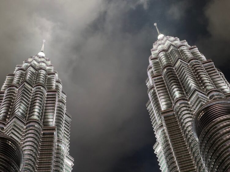 Petronas Towers in Malaysia at night.