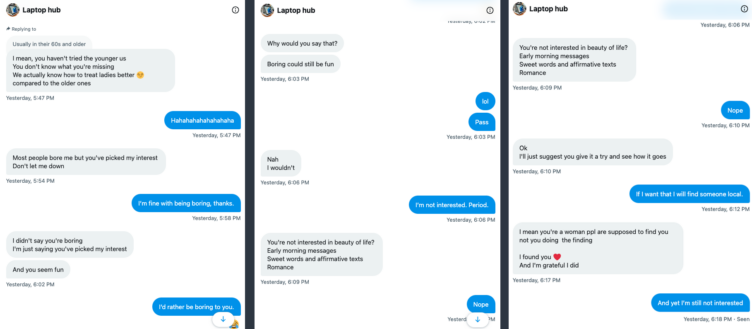 Screenshots of a Twitter DM conversation between Michelle and a man who is trying to convince her to enter into a romantic relationship and won't take no for an answer.