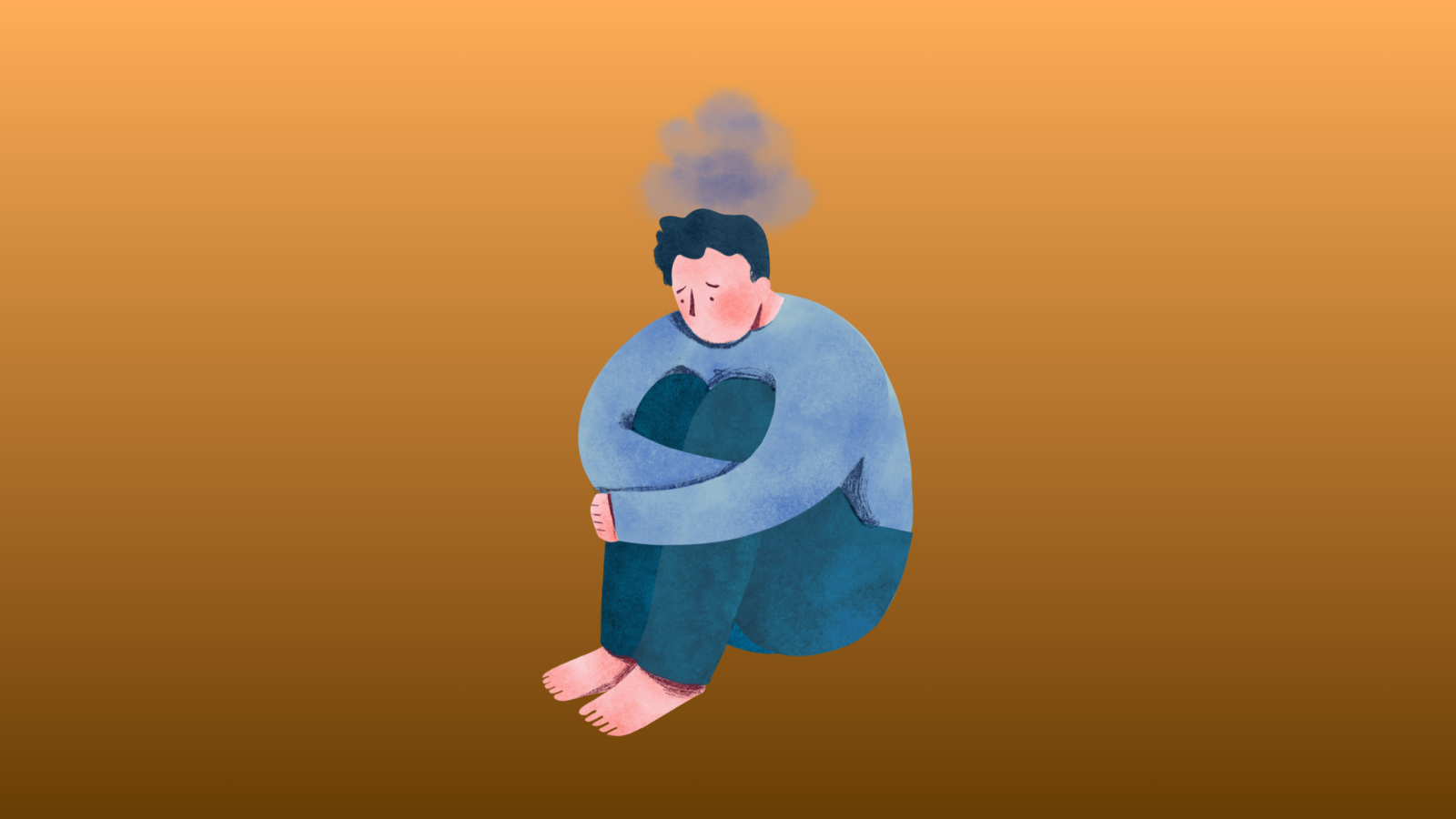 A person sitting on the ground, hugging their knees, with a raincloud over them. The background is gradient orange to brown from top to bottom.