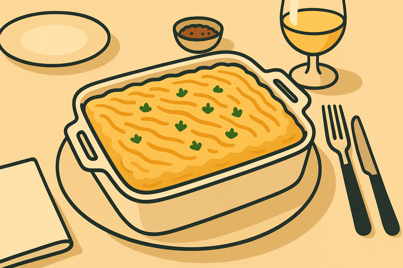 A casserole in a dish on a table set with cutlery, a glass of wine, other dishes, and a napkin.
