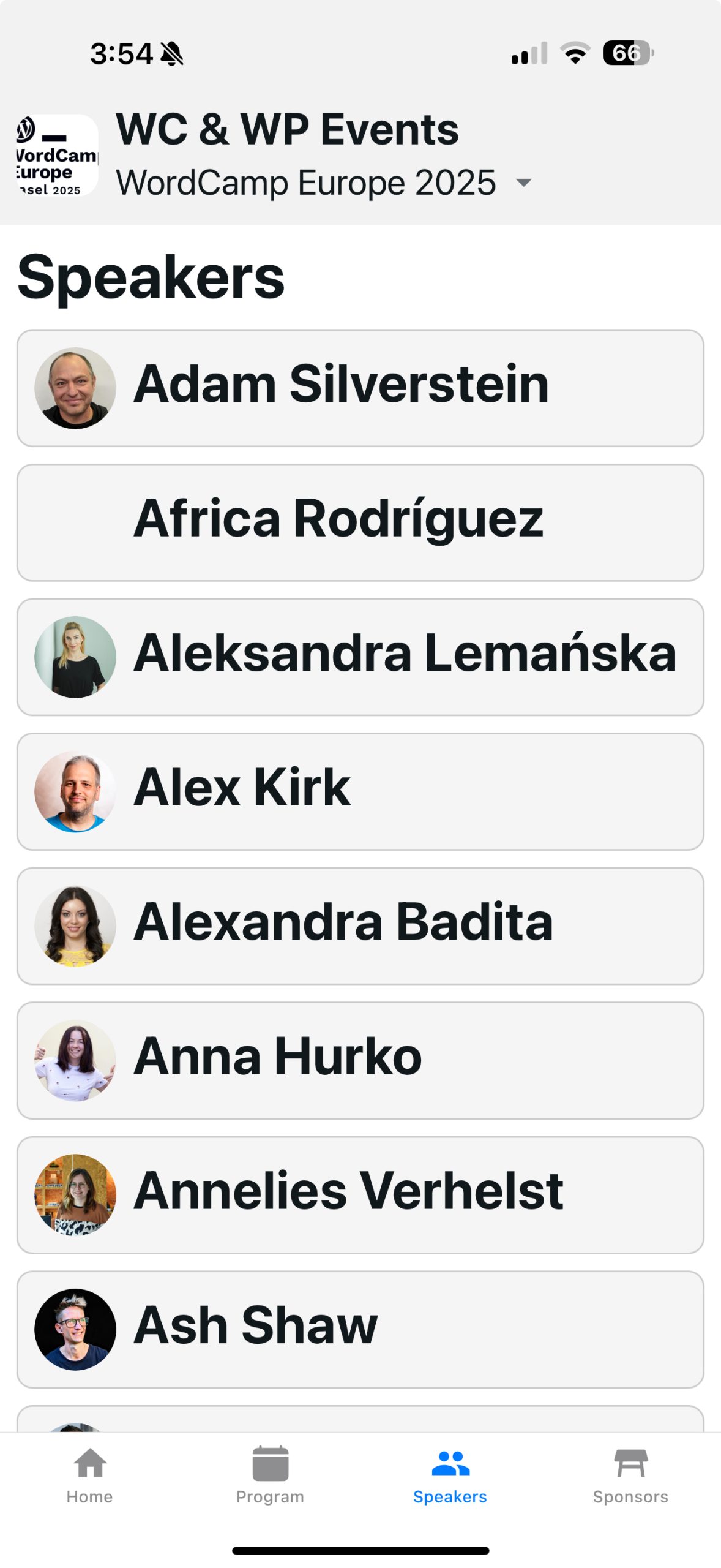 screenshot of the WC & WP Events App showing a partial listing of speakers at WCEU