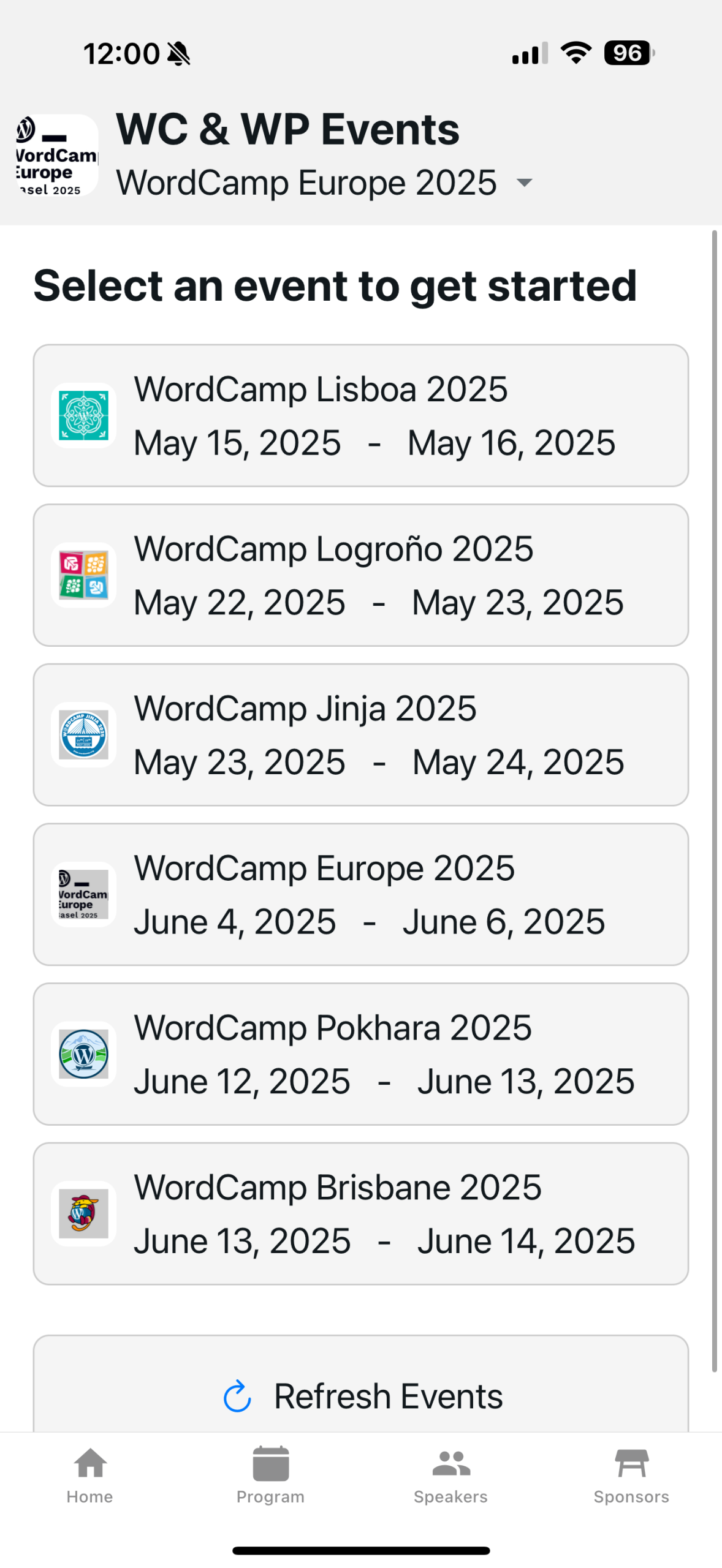 screenshot of the WC & WP Events App showing upcoming events