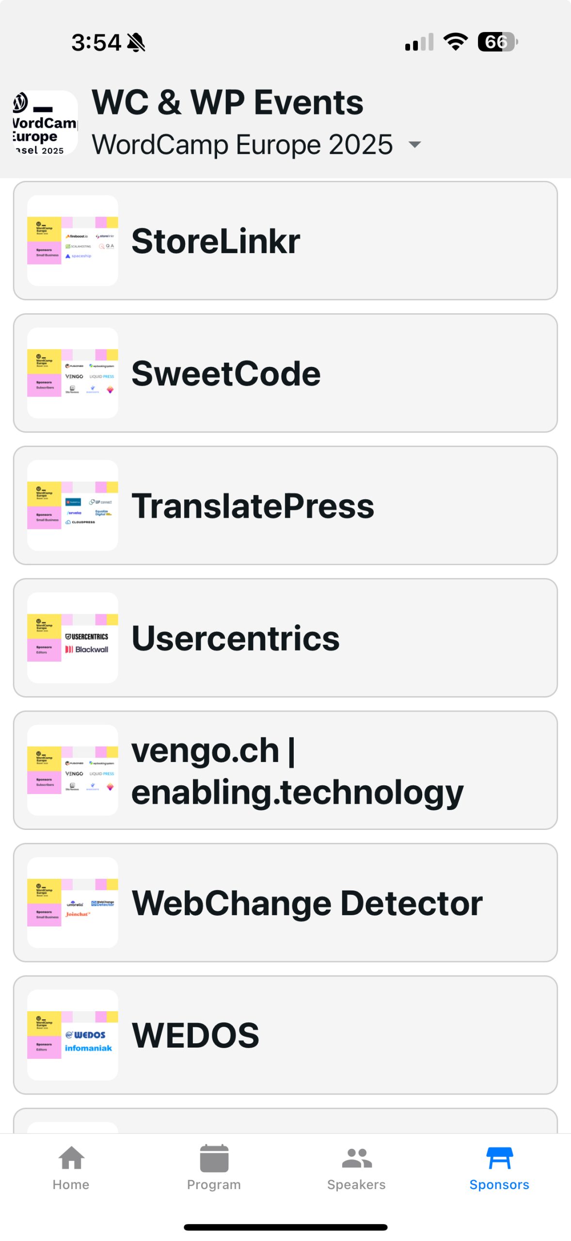 screenshot of the WC & WP Events App showing a partial listing of sponsors for WCEU