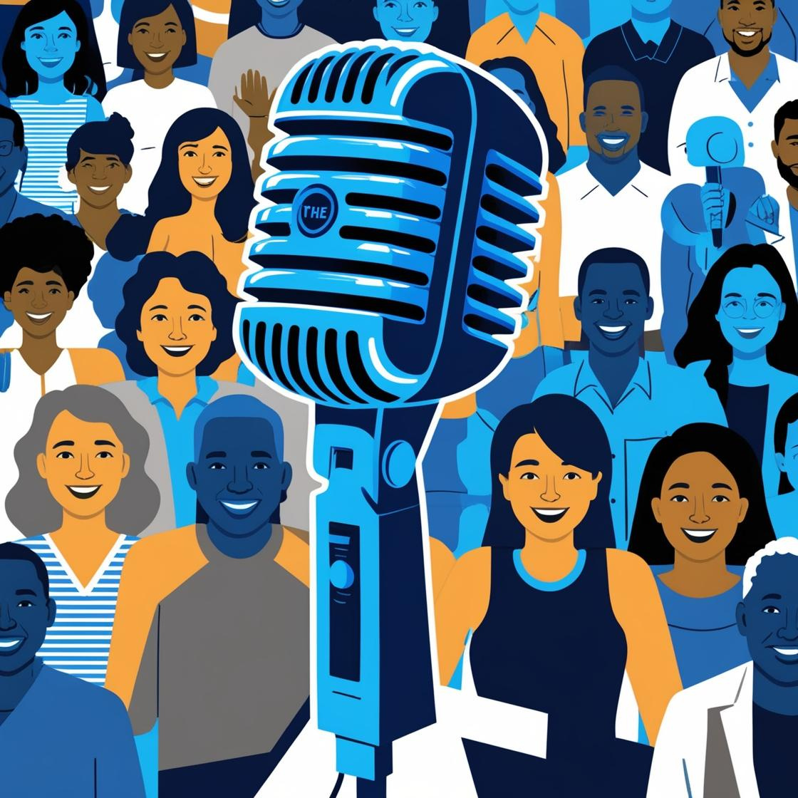 A graphic of a microphone in front of a crowd of people.