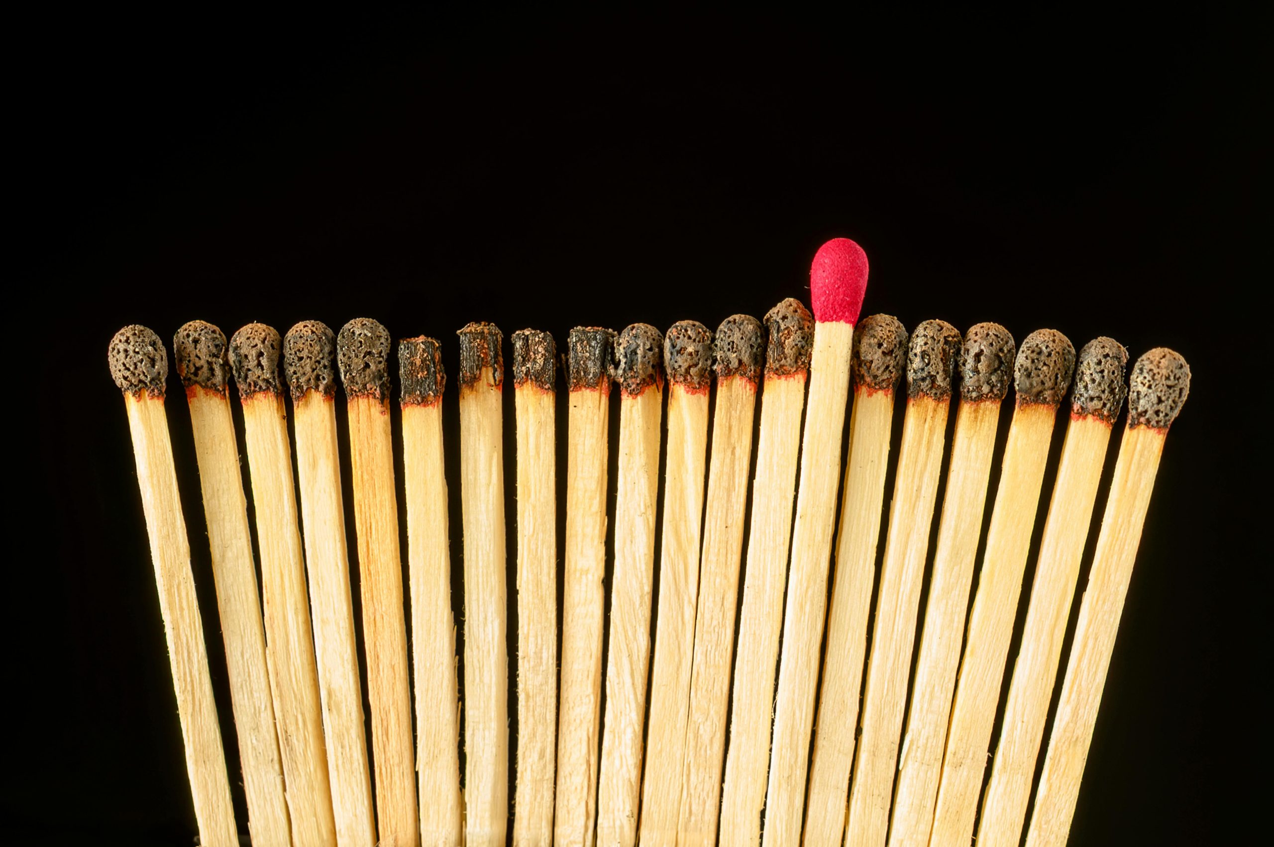 A row of matches lined up on a black background. All are burned out except one, with a red top, that stands out above the others.